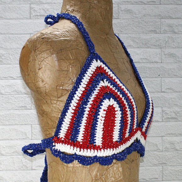 HAND CRAFTED Cropped Top Crochet Bikini Patriotic Metallic Red White Blue - Picture 3 of 9